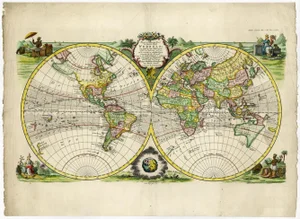 Original Double Hemisphere World Map with Allegorical Figures, 1785