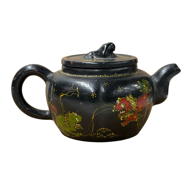 Oriental Zisha Clay Black Glaze Foo Dogs Lions Graphic Display Art Teapot For Sale In San Francisco - Image 6 of 10