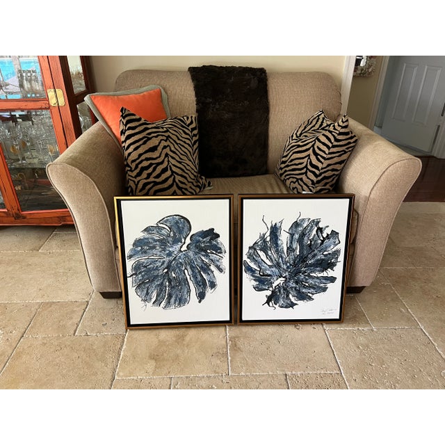 Blue Monstera Duo, Designed by Cheryl P Kohloff, Framed- Set of 2 For Sale - Image 4 of 6