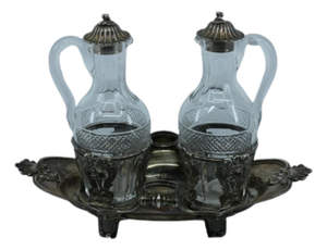 Silver and Cut Glass Cruets with Plant Motifs and Knob Lids, Set of 3