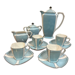 Noritake Art Deco Style Robin's Egg Blue, White and Black Stripe Demitasse Service for 4 Signed