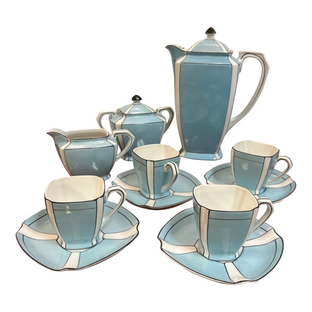Noritake Robin's Egg Blue, White and Black Stripe Demitasse Set Service for 4 Signed. For Sale