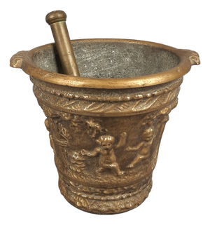 Antique Renaissance Style Bronze Mortar with Putti Figures, Early 1900s, Set of 2