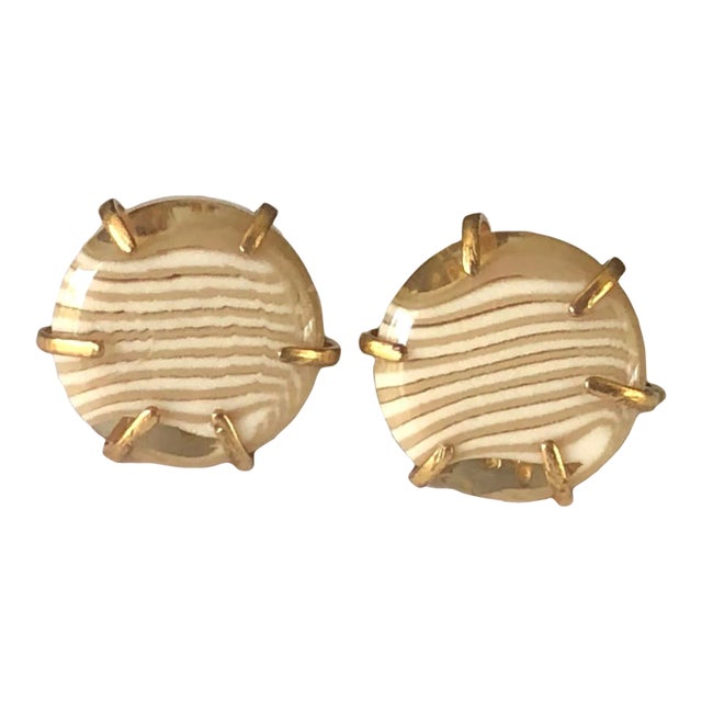 1940s Miriam Haskell Striped Agate Screw Back Button Earrings - 2 Pieces For Sale