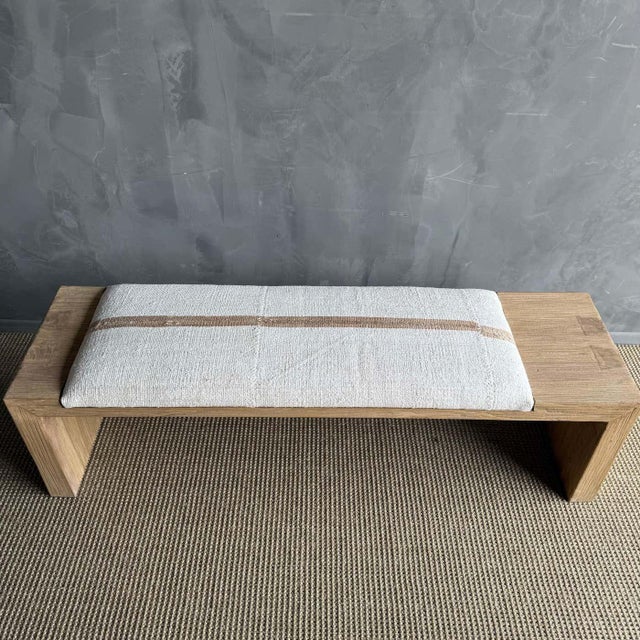 Casi Reclaimed Elm Bench With Vintage Rug Upholstery by Bloom Home For Sale - Image 9 of 11