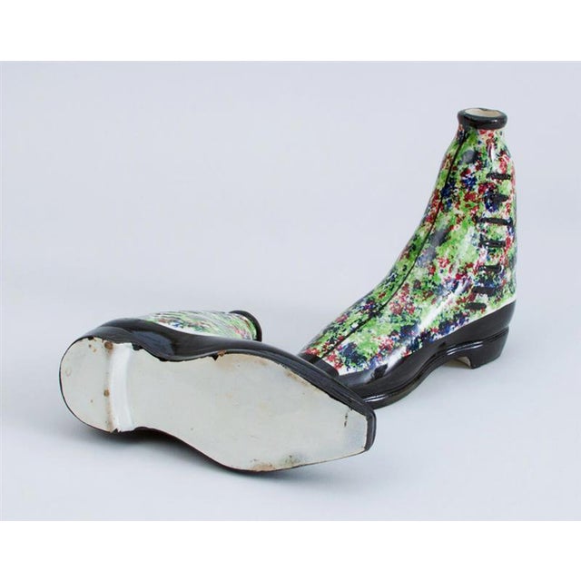 Folk Art Scottish Pottery Pearlware Sponged Spirit Flasks Modelled in Form of Boots For Sale - Image 3 of 12