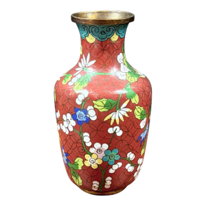 1920s Antique Chinese Cloisonné Red Floral Vase - 6.5” Tall