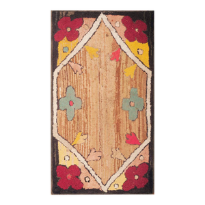 1920s Tan Camel Floral Folk Art Antique American Hooked Rug 1'10" X 3'3" Handknotted Wool Carpet