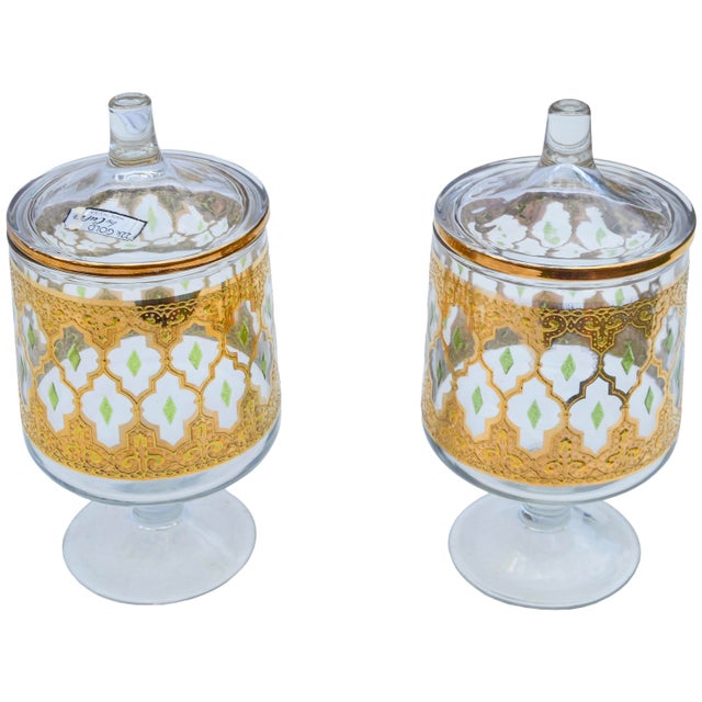 American Mid 20th Century Green & Gold Patterned Culver Glass Candy Jars- Set of 2 For Sale - Image 3 of 5