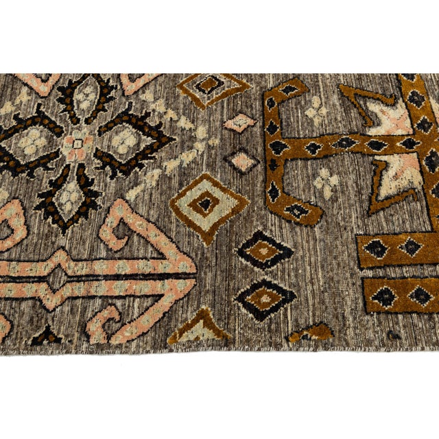 African Gray Modern Tulu Plush Wool Area Rug Tribal African-Inspired Geometric Motif For Sale - Image 3 of 11