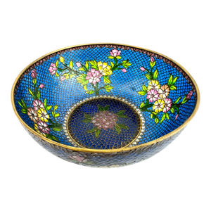 Vintage Chinese Cloisonné Bowl With Floral Motif and Imperial Blue Ground