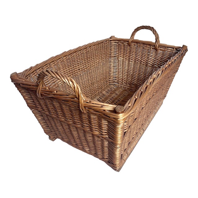 Vintage 1940s European Woven Wicker Rectangular Market Basket For Sale
