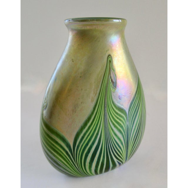 A Vintage Art Nouveaux-Style, Signed Iridescent Thick and Solid "Feather," Vessel/ Vase For Sale - Image 9 of 18