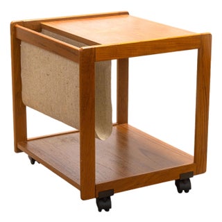 Vintage 1970s Danish FBJ Mobler Teak Side Table W Fabric Magazine Rack & Casters For Sale