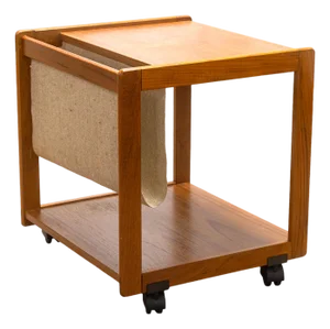 Vintage 1970s Danish FBJ Mobler Teak Side Table W Fabric Magazine Rack & Casters