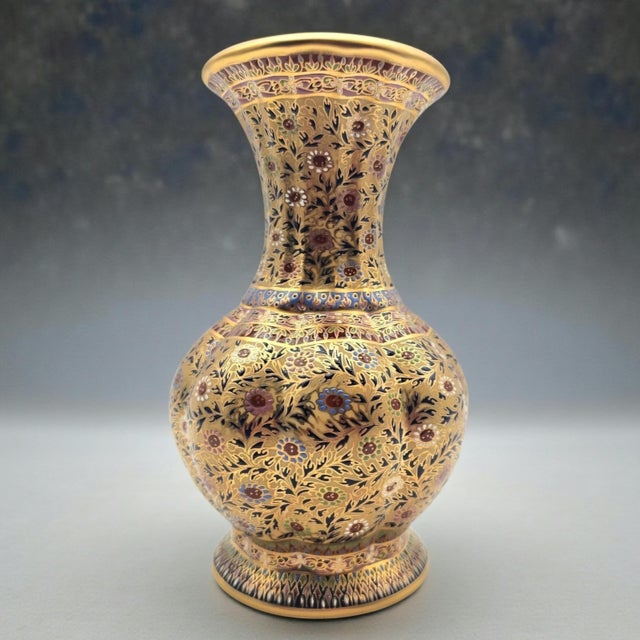 A traditional Thai Benjarong vase executed in cobalt blue enamel with extensive 22-karat gold overlay and multicolor...