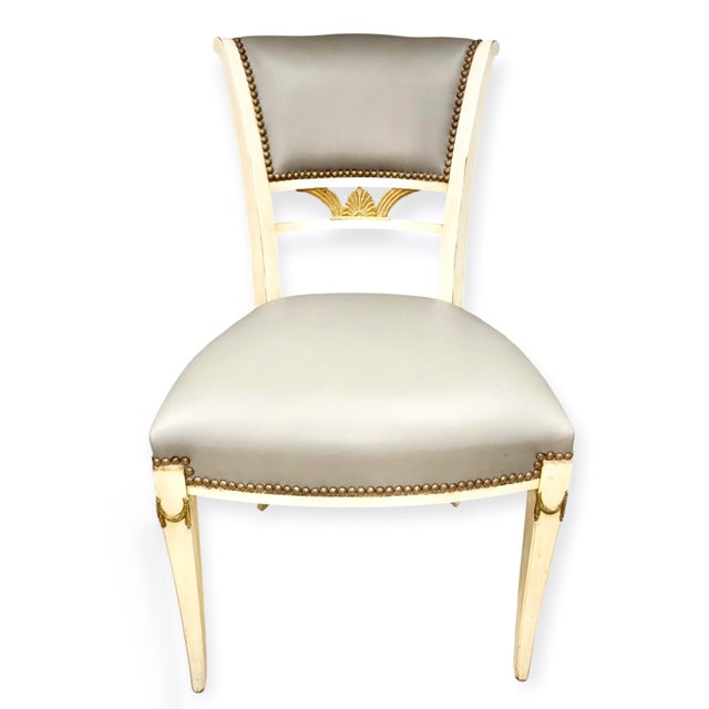 Art Deco Set of Six 1930s Gilt Wood Dining Chairs in Gray Leather by Danny Cannon Custom Upholstery For Sale - Image 3 of 6