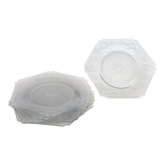 Depression Era Clear Glass Hexagon Plates Etched Floral Design 6pc Set 4852b For Sale
