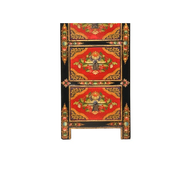 Wood Tibetan Style Red Flower Graphic Slim Narrow 6 Drawers Storage Cabinet For Sale - Image 7 of 11