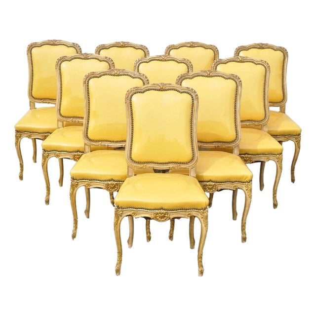 Vintage French Louis XV Style Parcel Gilt Carved Dining Side Chairs - Set of 10 For Sale