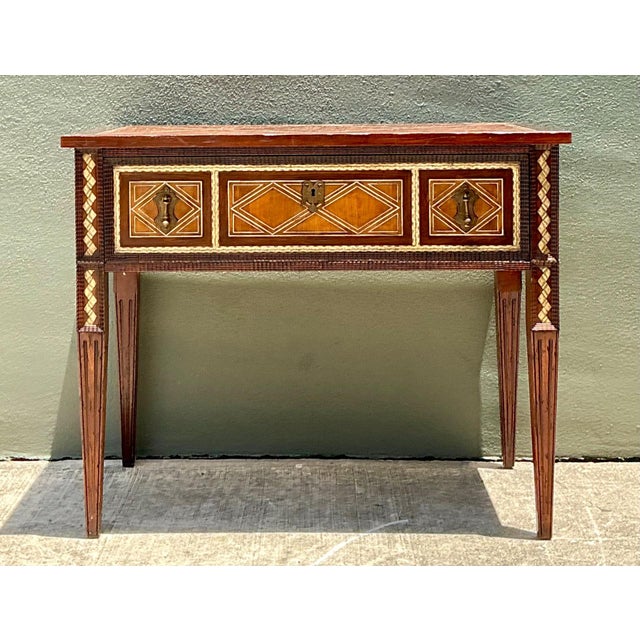 Mid-Century Modern Vintage Alphonse Marina Carved Wood Console Table With Bone Inlay For Sale - Image 3 of 14