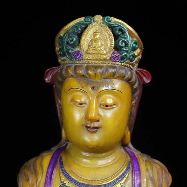 Vintage Shoushan Stone Guanyin Bust With Polychrome Details For Sale - Image 4 of 10