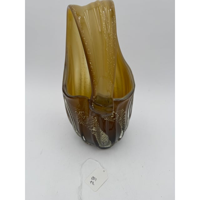 Mid Century Murano Amber Art Glass Aventurine Gold Flecks Vase Basket Handled For Sale In Dallas - Image 6 of 11