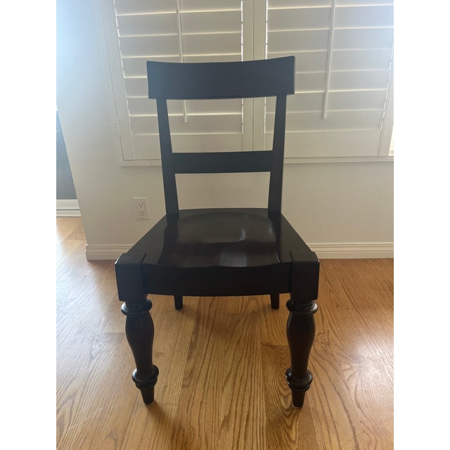 Set of six Pottery Barn Montego dining chairs in solid mahogany with a rich espresso finish. Each chair features...