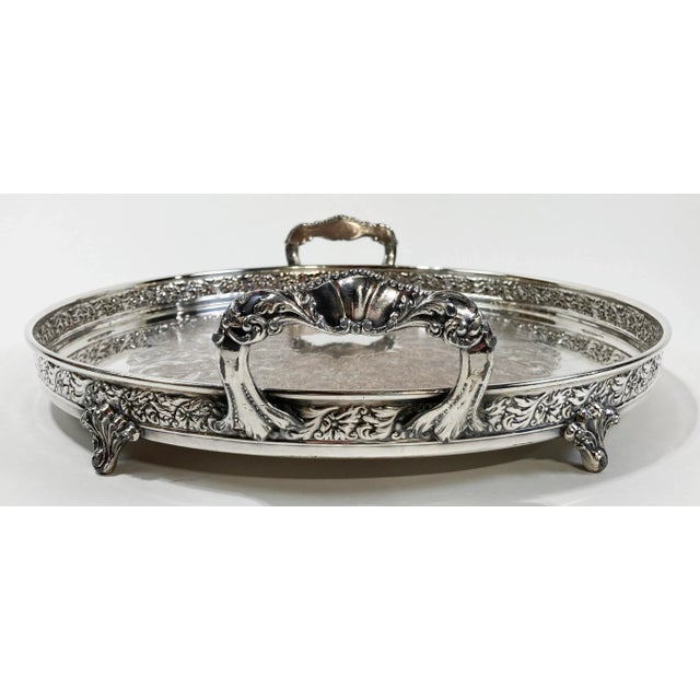 Metal Vintage Footed Round Engraved Silver Plate Tray For Sale - Image 7 of 11