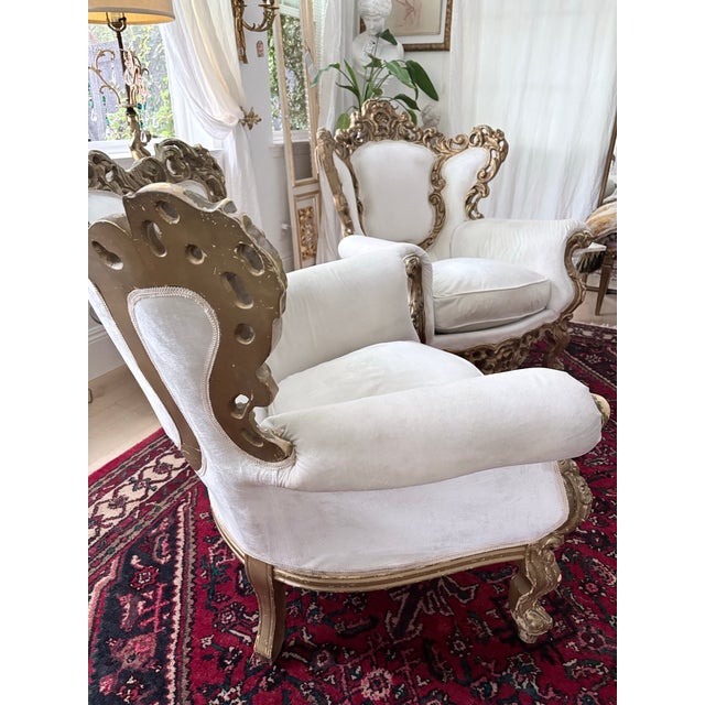 Late 20th Century Pair of Ornate Rococo Revival Gilt Carved Armchairs Down Filled For Sale - Image 11 of 12
