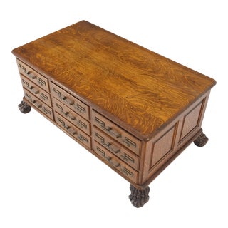 Antique 19th Century Oak Carved Lion Feet 9 Drawers File Cabinet Credenza For Sale