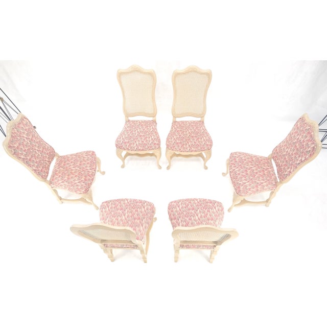 Set 6 Tall Back Thick Cream Lacquer Carved French Dining Chairs Stretchers For Sale - Image 6 of 8