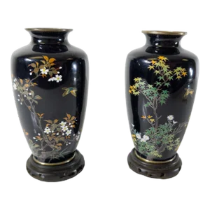 Early 20th Century Pair of Japanese Silver and Gold Wire Cloisonne Vases by Inaba