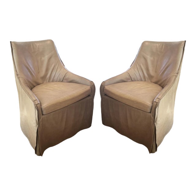 Pair of Taupe Leather, Skirted Slip-Covered Verellen Chairs on Casters For Sale
