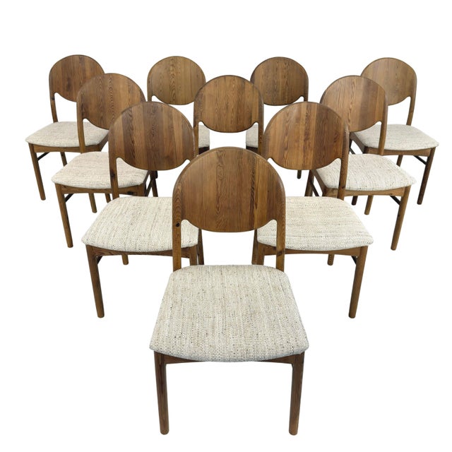 Dimensions: H 34.3” x W 18.3” x D 21.5” x SH 18” Set of 10 Vintage Danish pine dining chairs by Korup Stolefabrik with...