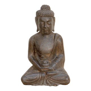 Patinated Waxed Gray Carved Stone Buddha For Sale