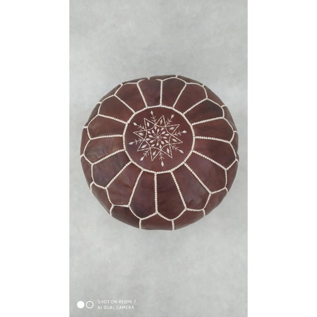 Burnt Umber Contemporary Moroccan Leather Pouf Ottoman For Sale - Image 8 of 8