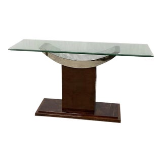 Vintage Mid-Century Modern Sculptural Glass Console Table With a Burl Wood Veneer Pedestal & Chrome Base For Sale
