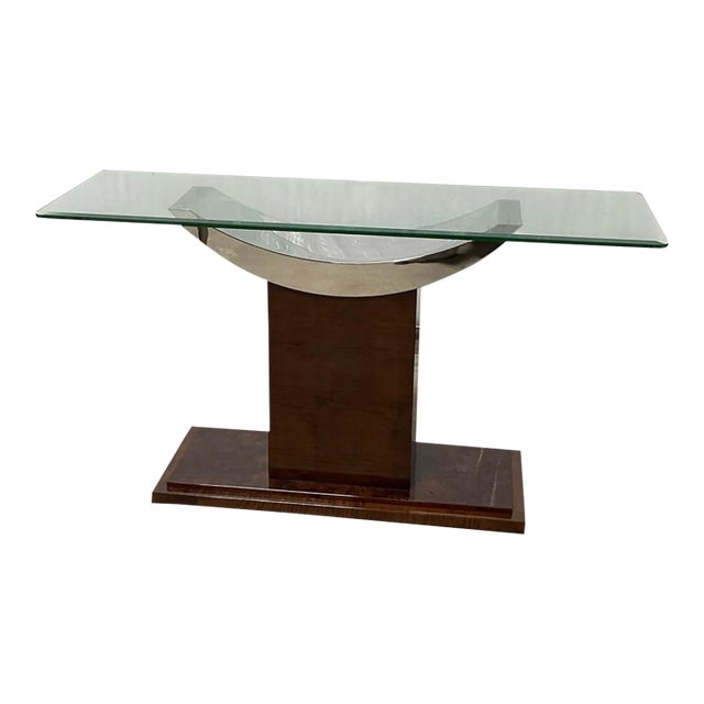 Vintage Mid-Century Modern Sculptural Glass Console Table With a Burl Wood Veneer Pedestal & Chrome Base For Sale