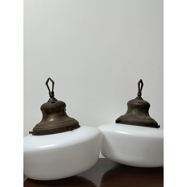 Large Antique English Opaline Milk Glass and Brass Church Pendant, 1890s For Sale - Image 4 of 12