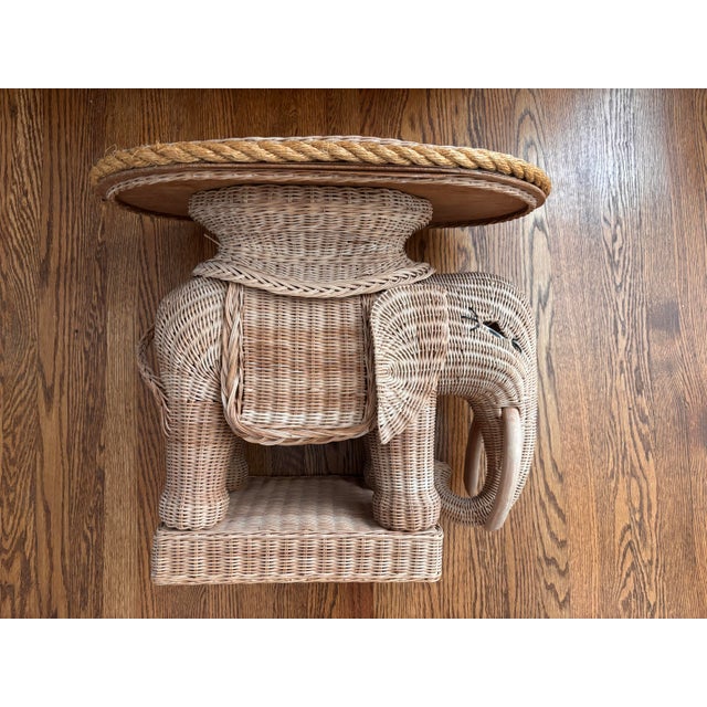 Vintage 1970’s Natural Wicker Elephant Tractable With Attached Glass Top Tray, Made in Hong Kong For Sale - Image 9 of 11