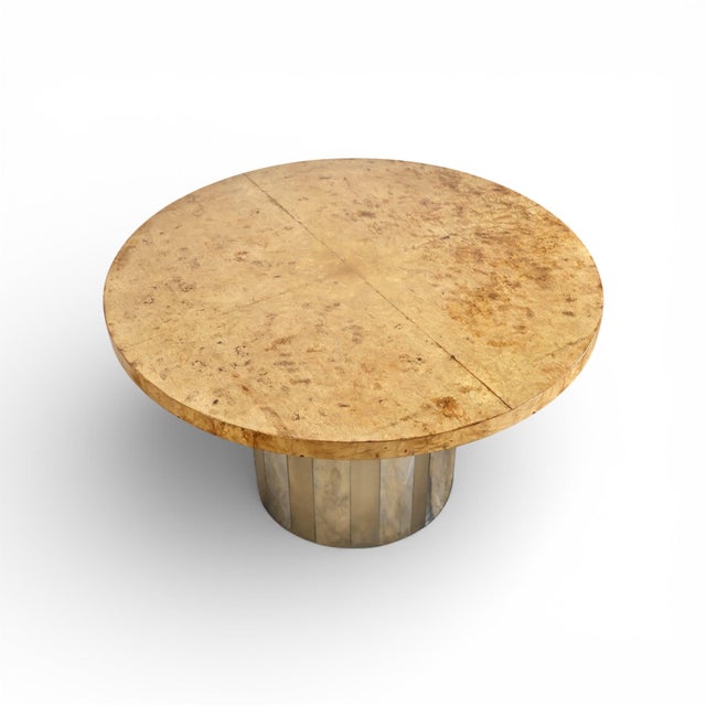 Milo Baughman Milo Baughman Style Custom Vintage Mid Century Modern Burl and Chrome Pedestal Dining Table C. 1960s For Sale - Image 4 of 5
