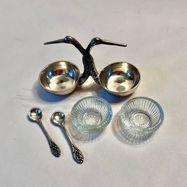 French Country Stork Bird Salt & Pepper Server With Glass Inserts and Spoons For Sale - Image 3 of 4