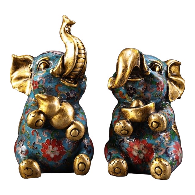 Pair of Vintage Chinese Cloisonné Enamel & Gilt Bronze Elephants For Sale