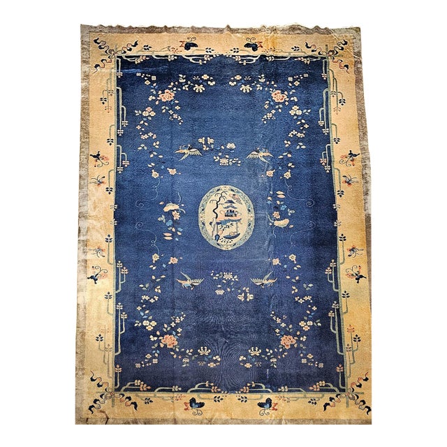 Vintage Chinese Art Deco Oversize Rug, Wool Pile, Pagoda Design, 12' X 20' For Sale