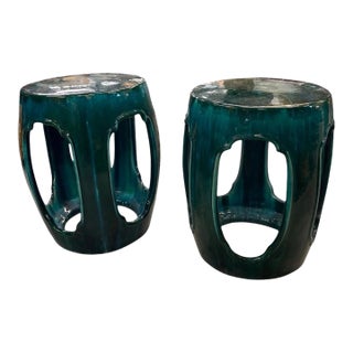 Vintage Italian Teal Ceramic Garden Stools, 2 Pieces For Sale