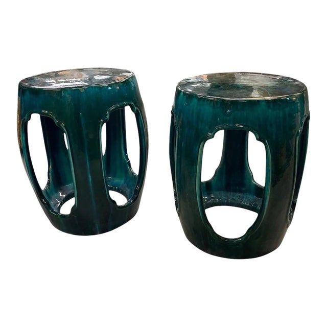 Vintage Italian Teal Ceramic Garden Stools, 2 Pieces For Sale