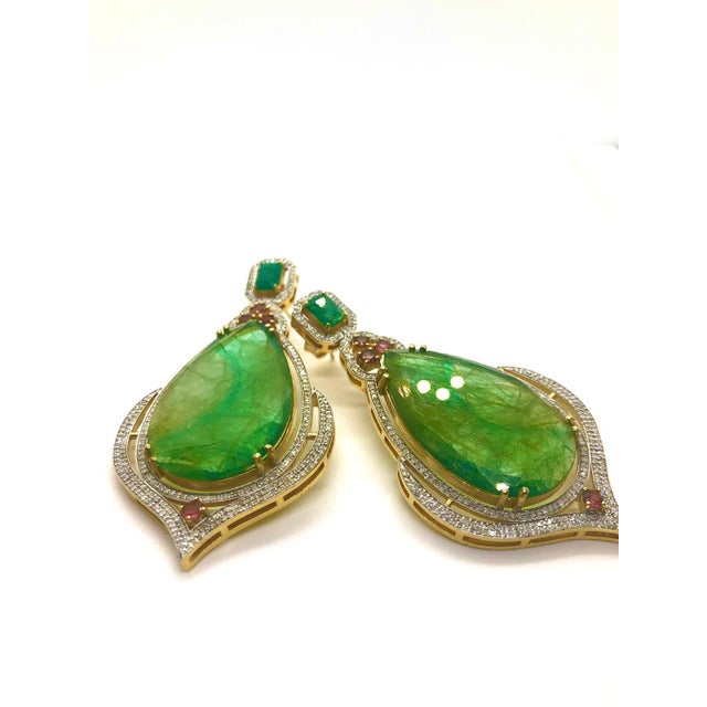 Green Bochic “Capri” Vintage Emerald, Tourmaline & Diamond Earrings Set In 18K Gold & Silver For Sale - Image 8 of 13