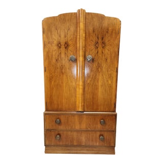 1940s English Burl Walnut Veneer Short Wardrobe For Sale