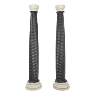 Pair of Vintage Ebonized Wood & White Marble Columns For Sale